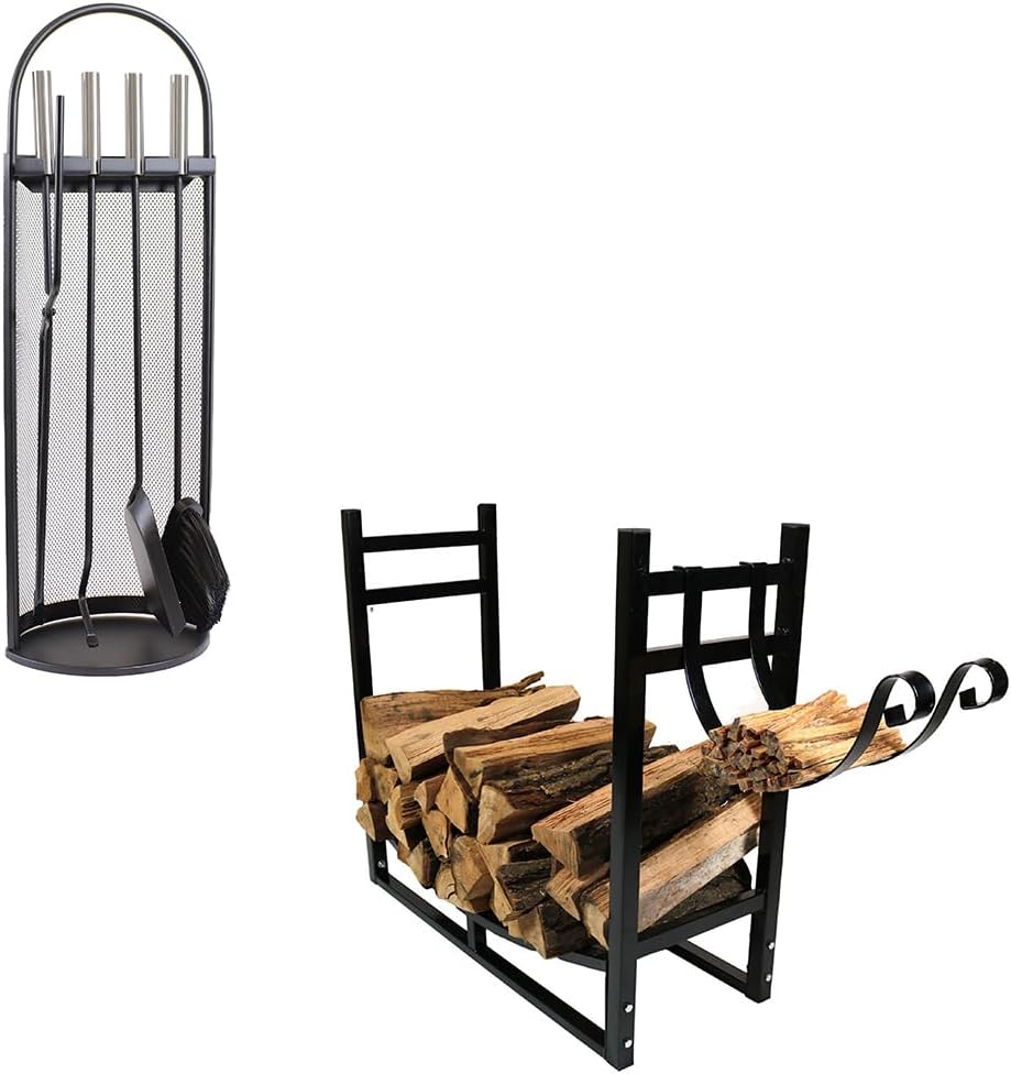 Sunnydaze 33” Black Powder-Coated Steel Outdoor Firewood Log Rack with Kindling Holder and 4-Piece Fireplace Tool Set with Stand