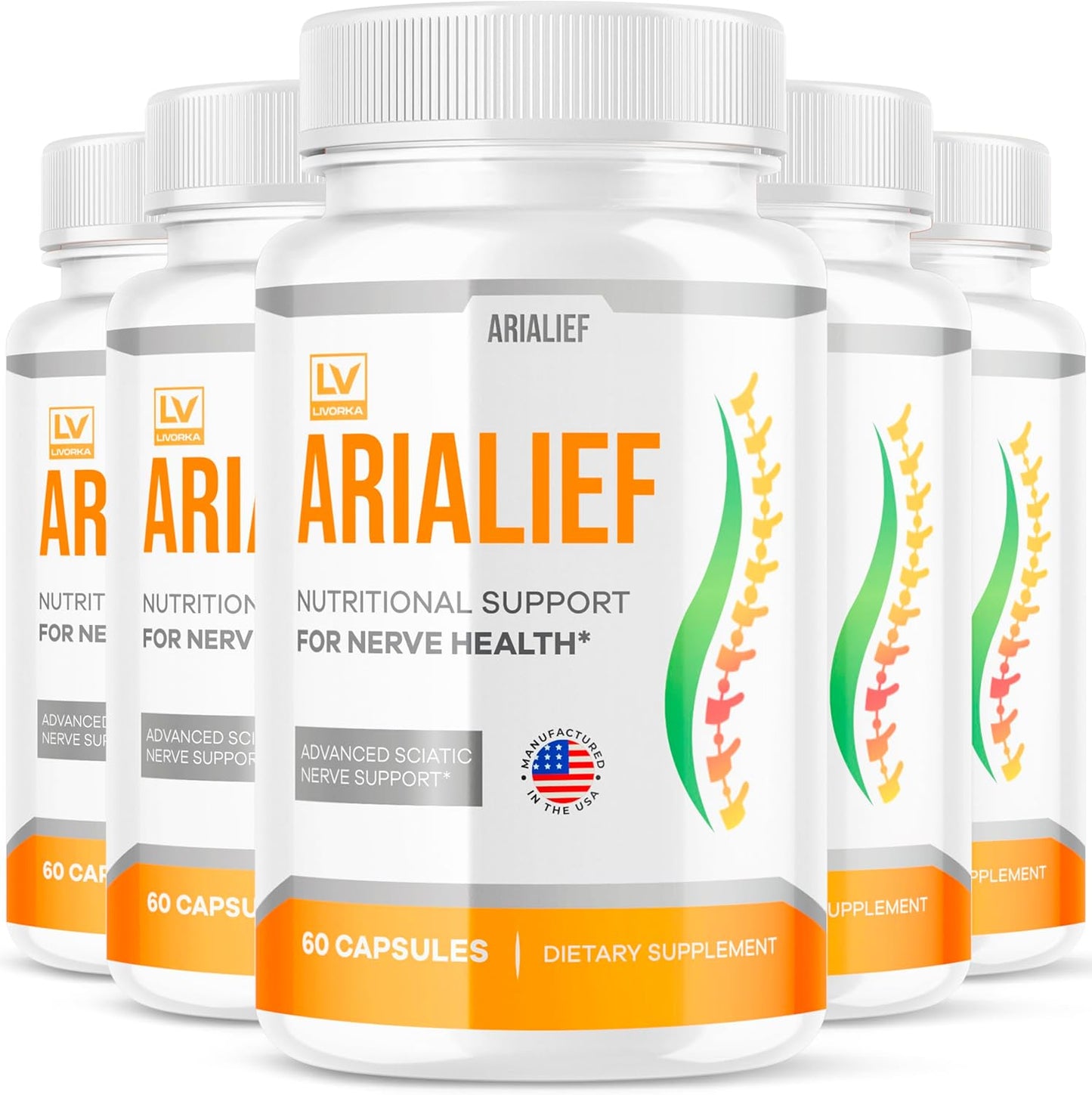 (5 Pack) Arialief Capsules for Sciatica, Arialeaf Nutritional Support for Nerve Health, Arialeaf Prime Palm Sciatica, Aria Leaf Primepalm Aria LIEF Vitamin, 5 Month