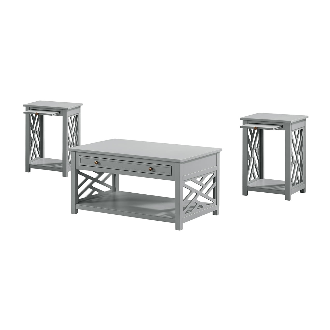 Alaterre Furniture Coventry Wood Coffee Table and Two End Tables with Tray Shelf - White