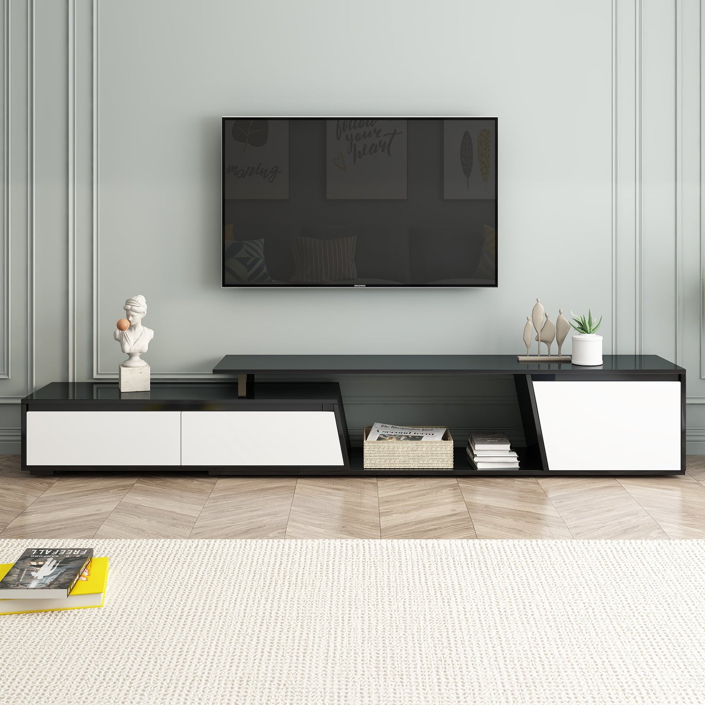Aukfa Extendable TV Stand for TVs up to 100" with Storage Drawers & Cabinet for Living Room,Black