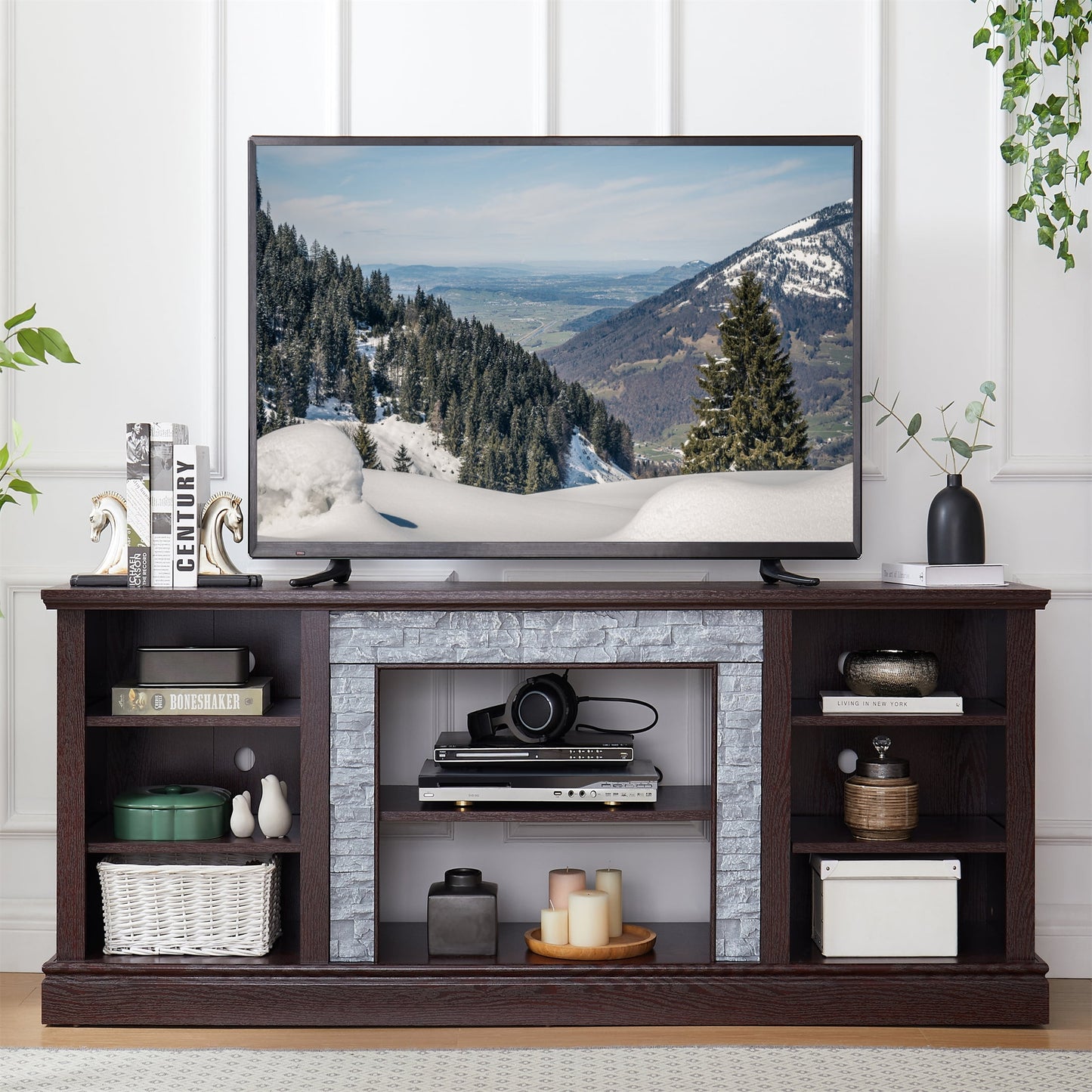 Aukfa Large TV Stand for TVs up to 75" with Faux Stacked Stone Surround for Living Room, Oak