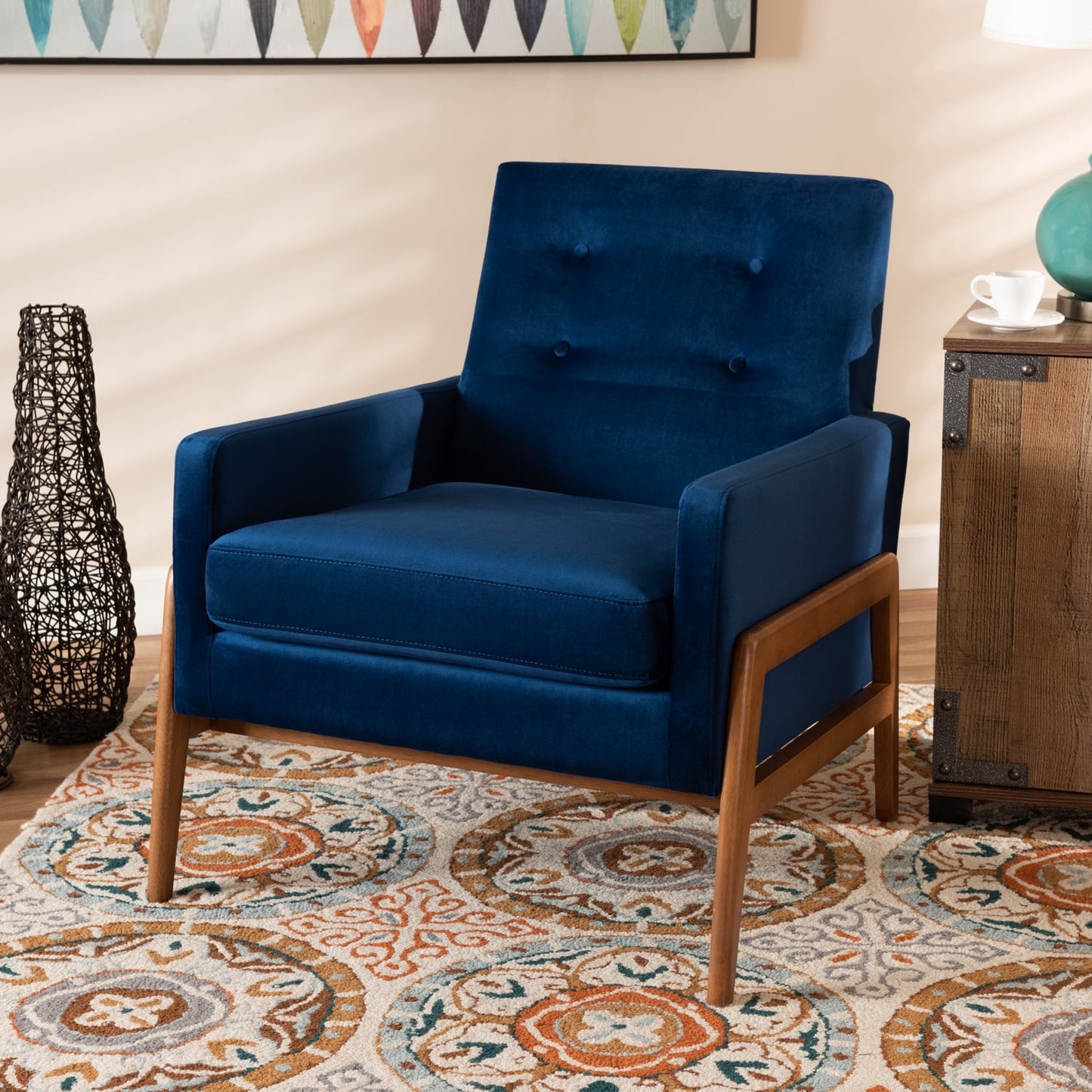 Baxton Studio Perris Mid-Century Modern Dark Grey Fabric Upholstered Walnut Wood Lounge Chair