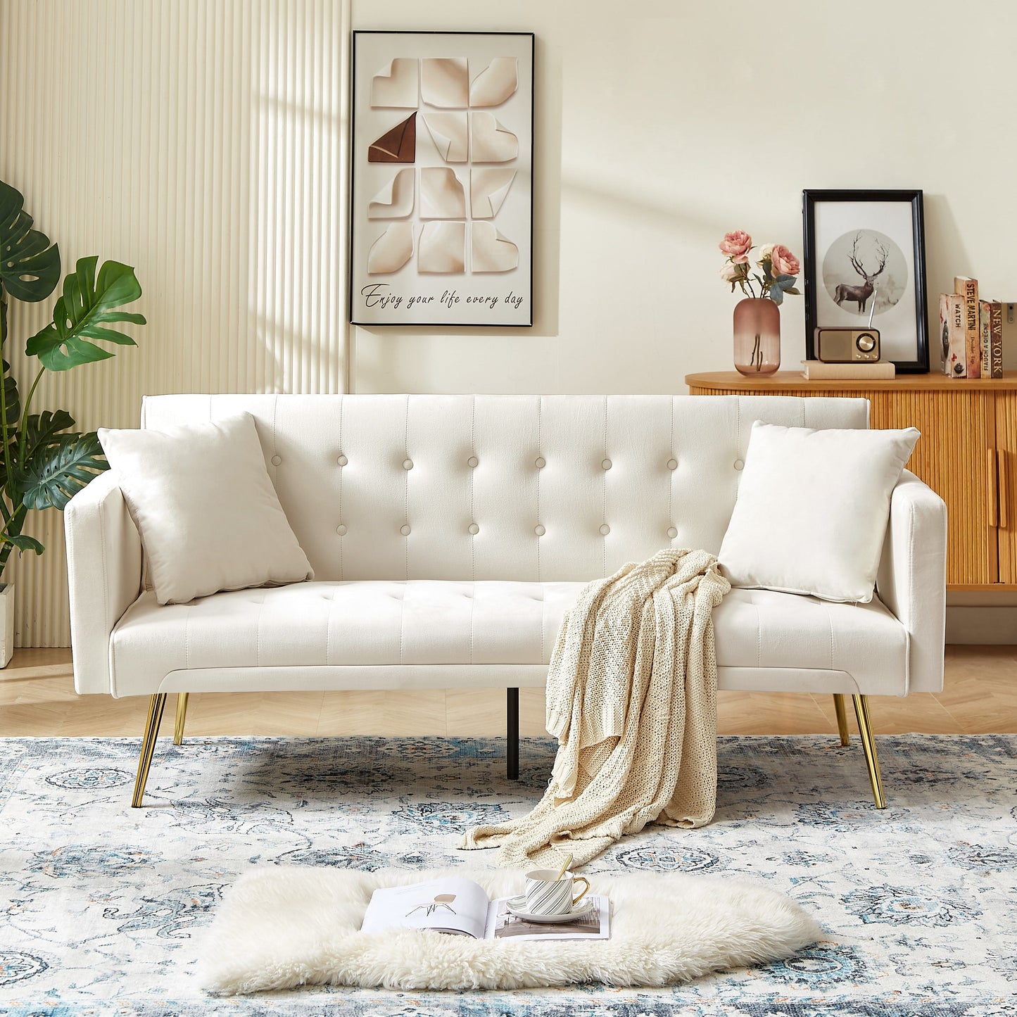 Bianlte Modern Velvet Futon Sofa Bed,Convertible Sleeper Sofa Couch with 3 Adjustable Couch Loveseat with Metal Leg for Living Room and Bedroom,Blue