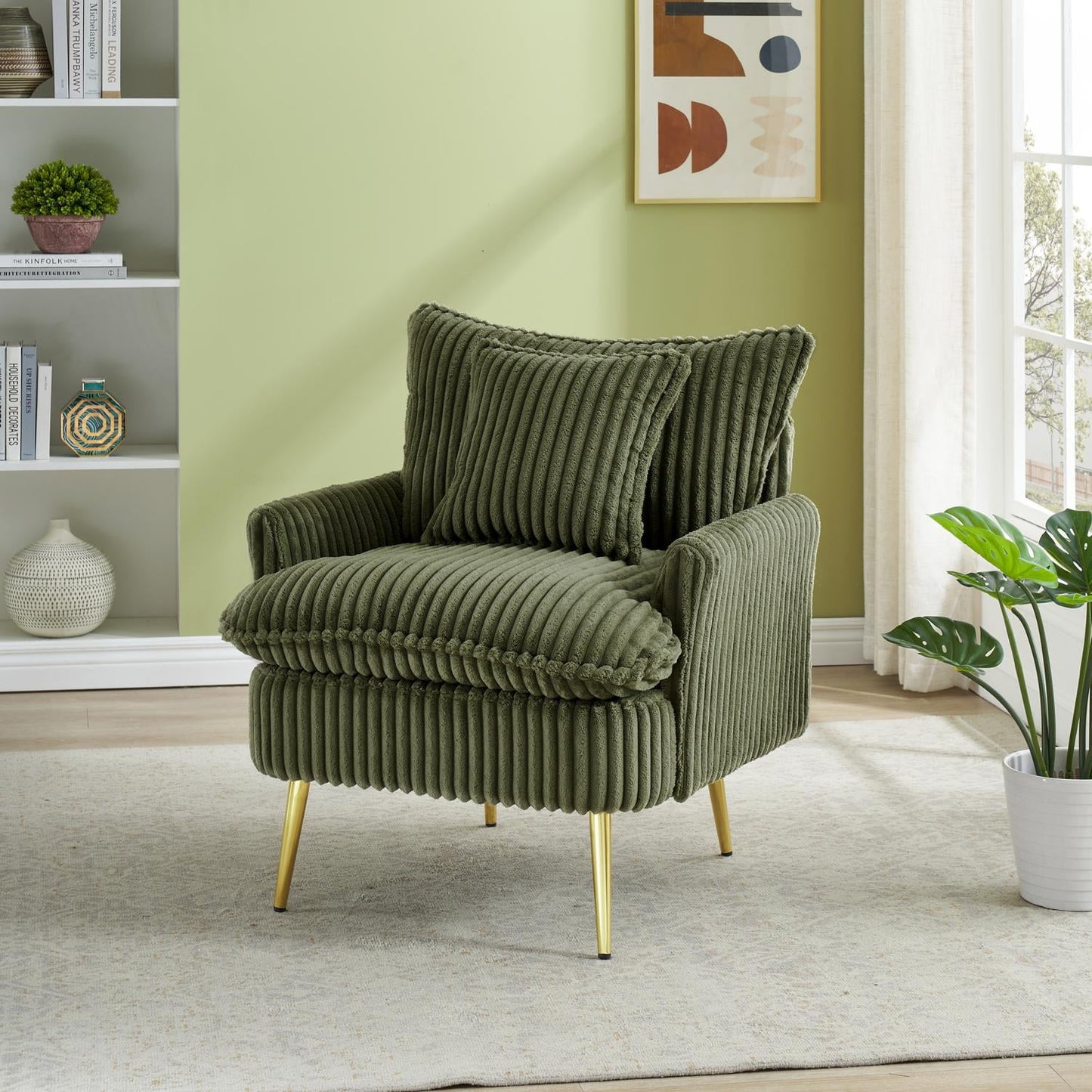 Corduroy Accent Chair with Throw Pillow,Single Armchair with Gold Metal Legs,Ergonomic Backrest and Armrests for Living Room Bedroom Office Apartment,White
