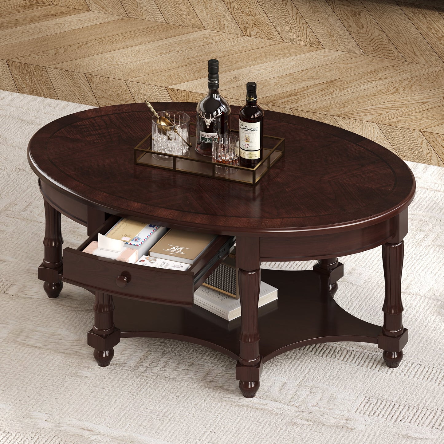 Euroco French Country Oval Coffee Table with Drawer and Open Shelf, Distressed Finish, Vintage Carved Wood Living Room Center Table