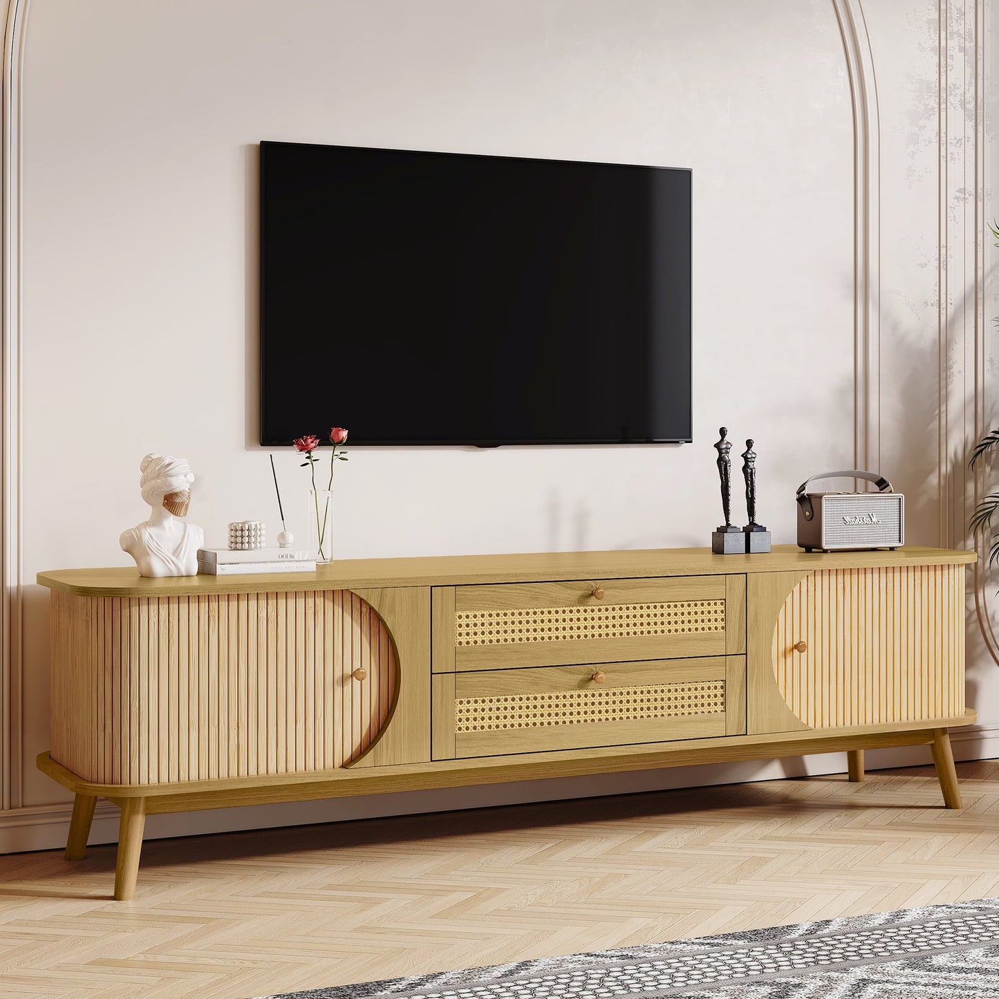 Euroco Rattan TV Stand for TVs up to 75", Modern Entertainment Center with Storage Cabinets & Drawers, Cable Management, Media Console Table for Living Room, Natural Brown