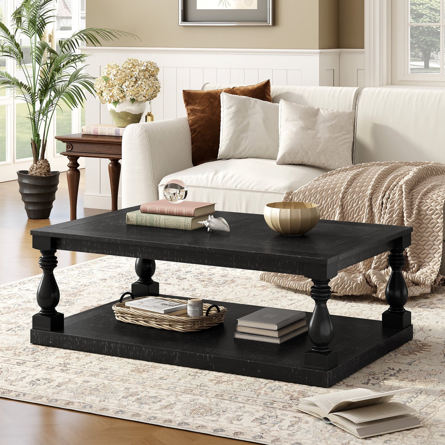 Euroco Vintage Coffee Table with Vase Column Legs, Pine Veneer Top and Solid Rubberwood Frame – Retro Living Room Center Table, Easy Assembly