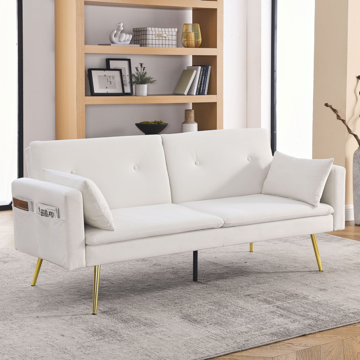 Leumius Velvet Convertible Futon Sofa Bed,Modern Folding Sofa Bed Adjustable Sleeper Couch,72.5" with Side Pockets,Pink