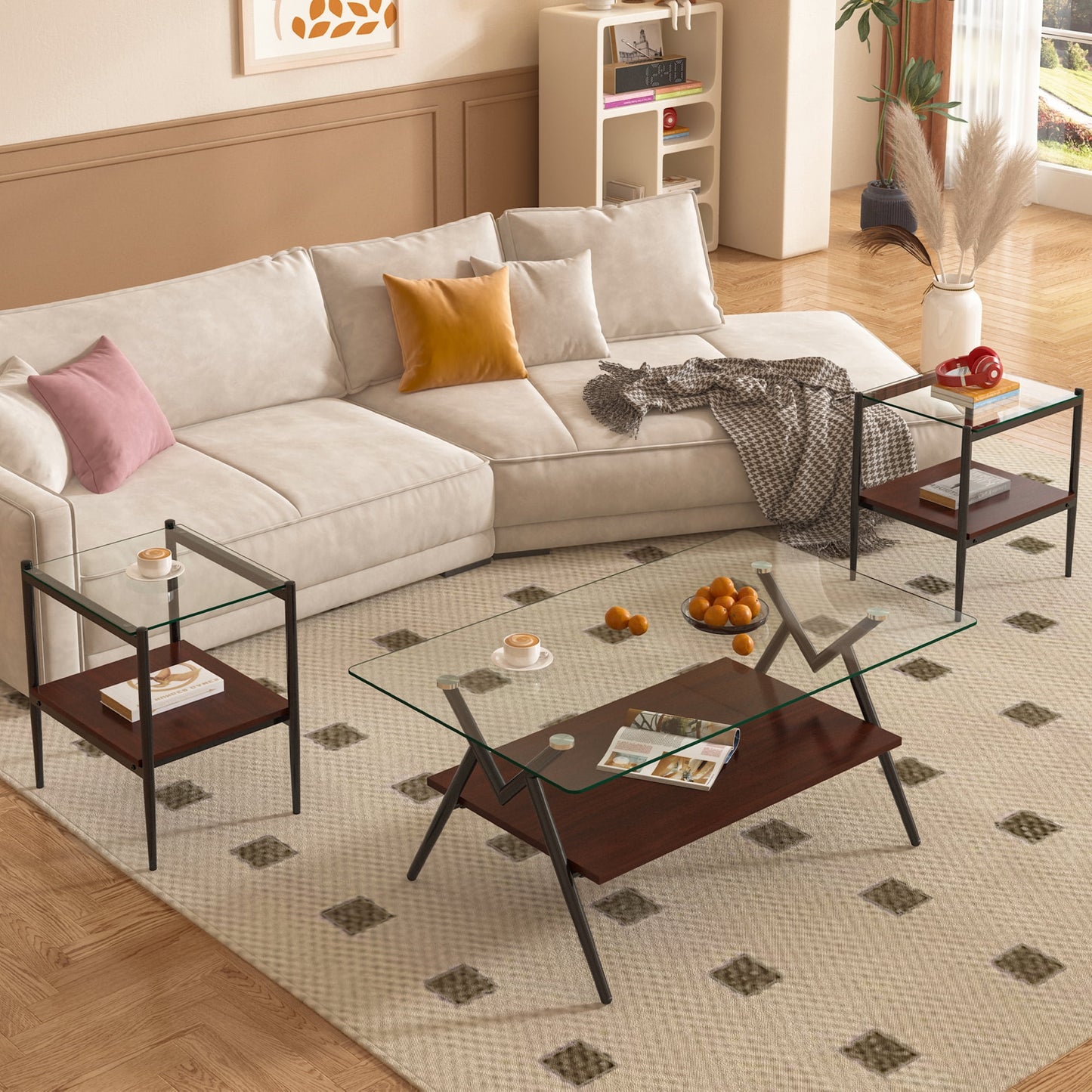 MAYEERTY 3-Piece Coffee Table & End Table Set – Transparent Tempered Glass & MDF Layer