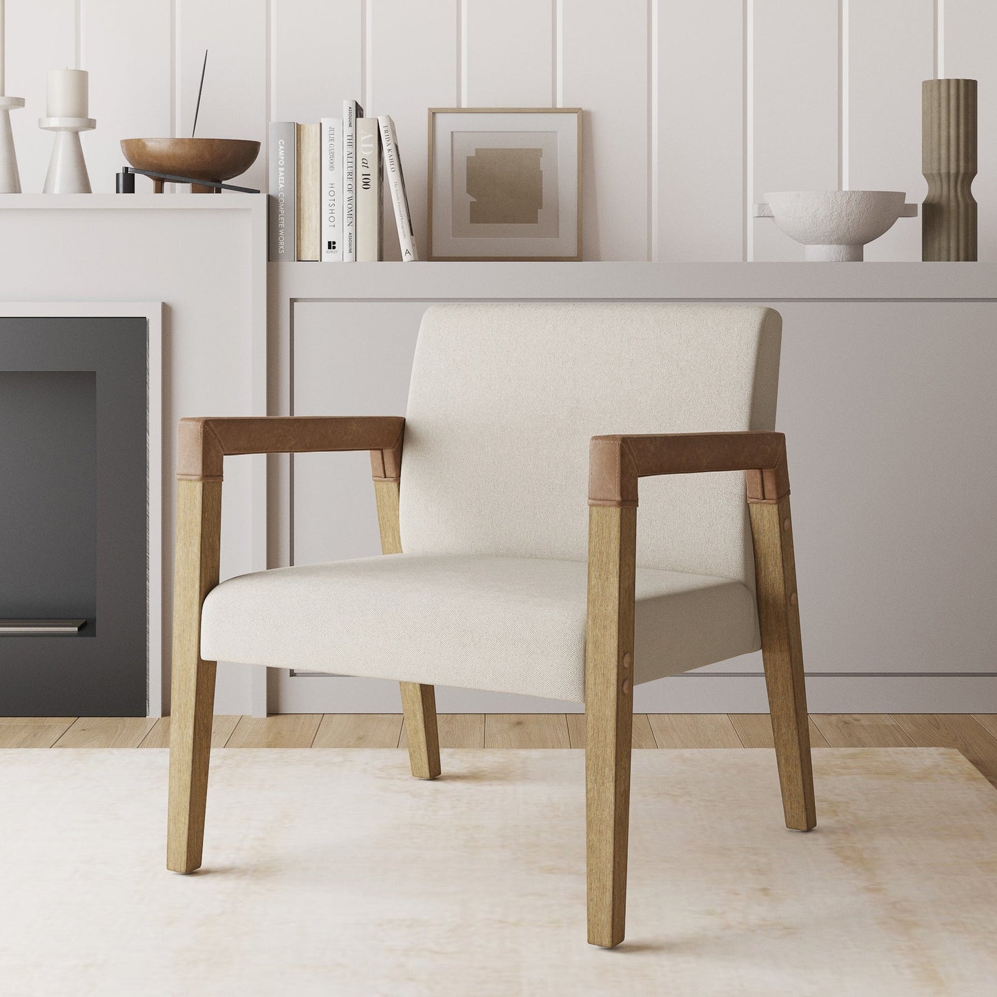 Nathan James Hudson Natural Flax Upholstered Accent Chair with Arms Wrapped in Chestnut Brown Faux Leather