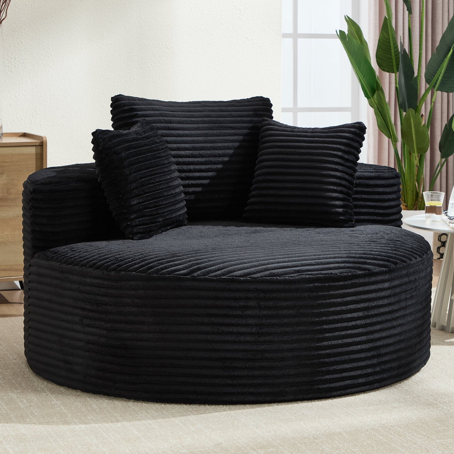 Oversized Round Sofa Bed with Memory Foam, Velvet Upholstered Accent Chair with Three Pillows for Living Room,No Assembly Required,Gray