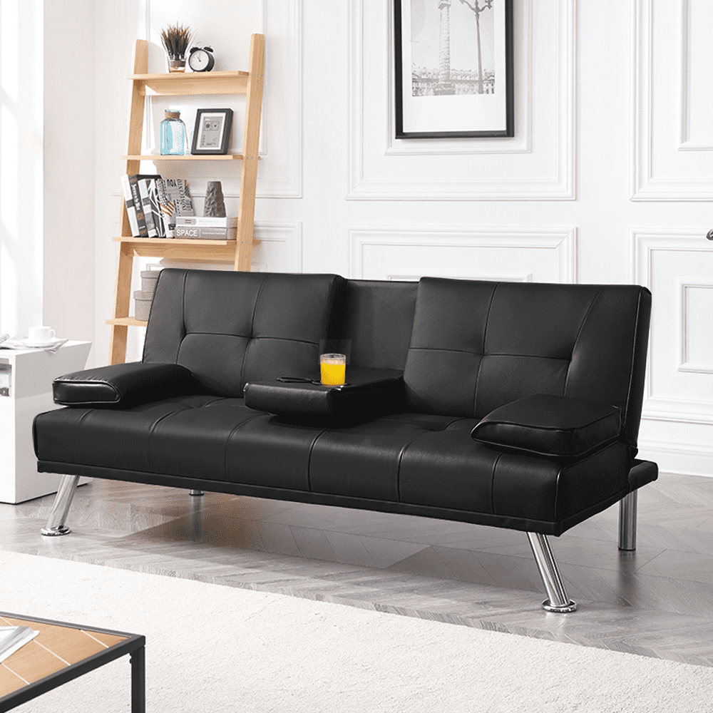 Renwick LuxuryGoods Modern Faux Leather Futon with Cupholders and Pillows, White