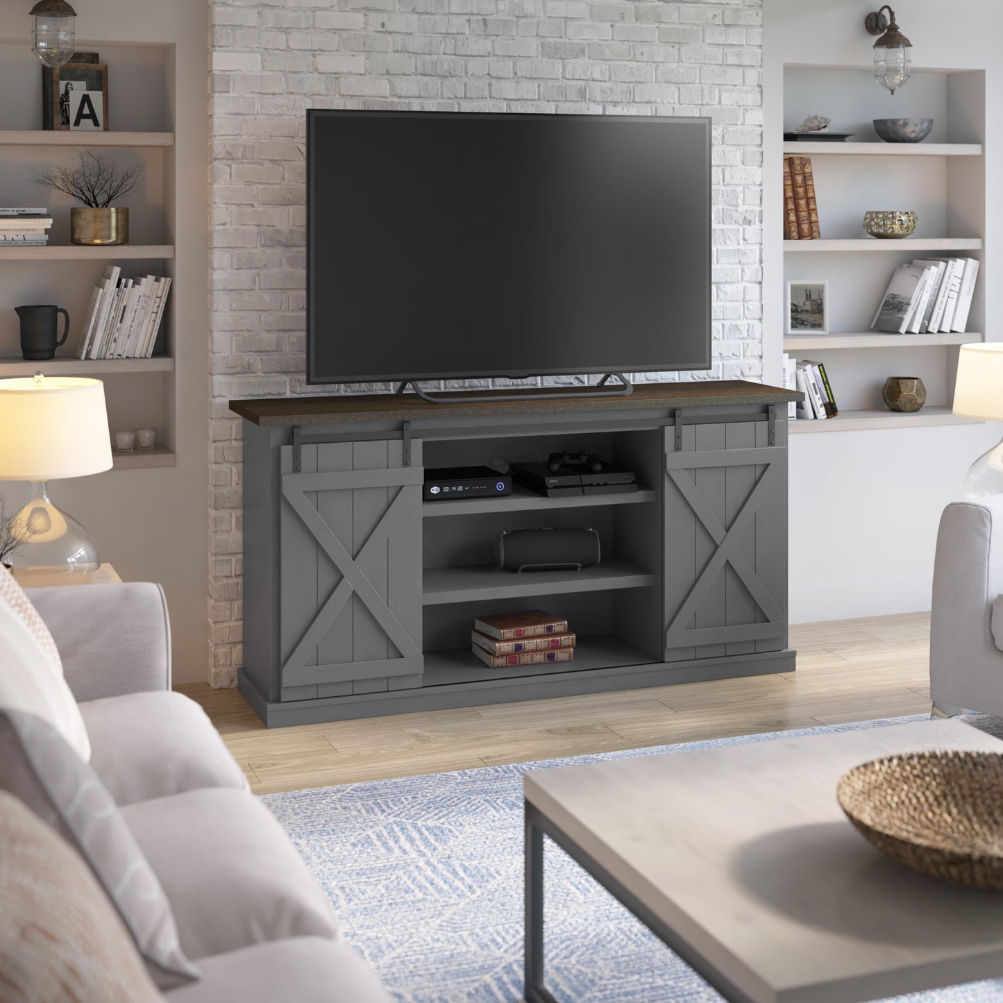 TwinStar Home Farmhouse TV Stand with Sliding Barn Doors for TVs up to 70", Sargent Oak