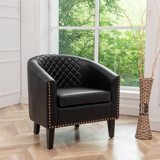 29" W Modern Faux Vegan Leather Barrel Chair, PU Upholstered Tufted Accent Club Chairs with Nailhead Trim, Small Armchair for Living Room Bedroom Apartment Lounge Nursery, Black