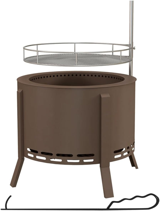 Outdoor Fire Pit with Cooking Grill, 28.25 Inch Height, Brown Steel Construction, Mesh Safety Cover, Removable Grate, Wood Burning