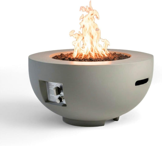 28 Inch Round Propane Fire Pit Table 40000 BTU Light Concrete Design Includes Lava Rocks Rain Cover and Burner Lid Light Grey Finish