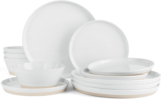 Famiware Saturn Speckled Dinnerware Sets for 4 (12 Pieces), Stoneware Plates and Bowls Dish Set - Chip and Scratch Resistant, Microwave and Dishwasher Safe, White