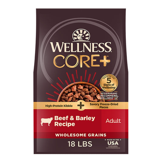 Wellness Core+ High Protein Kibble + Savory Freeze-Dried Pieces - Beef & Barley, Wholesome Grains 4 Lb