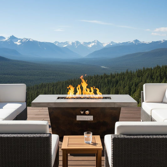 42 Inch Propane Fire Pit Table, 50,000 BTU Outdoor Gas Firepit Table with Cement-Like Texture & Wood Grain Base, 2-in-1 Patio Fire Pit Coffee Table with Lid & Cover for Backyard, Deck, Garden