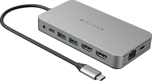 Hyper - HyperDrive Dual 10 Port USB-C Hub, 4K HDMI, Ethernet, 1 USB-C, 2 USB-A, microSD/SD, travel dock for M1/M2/M3 MacBook - Gray