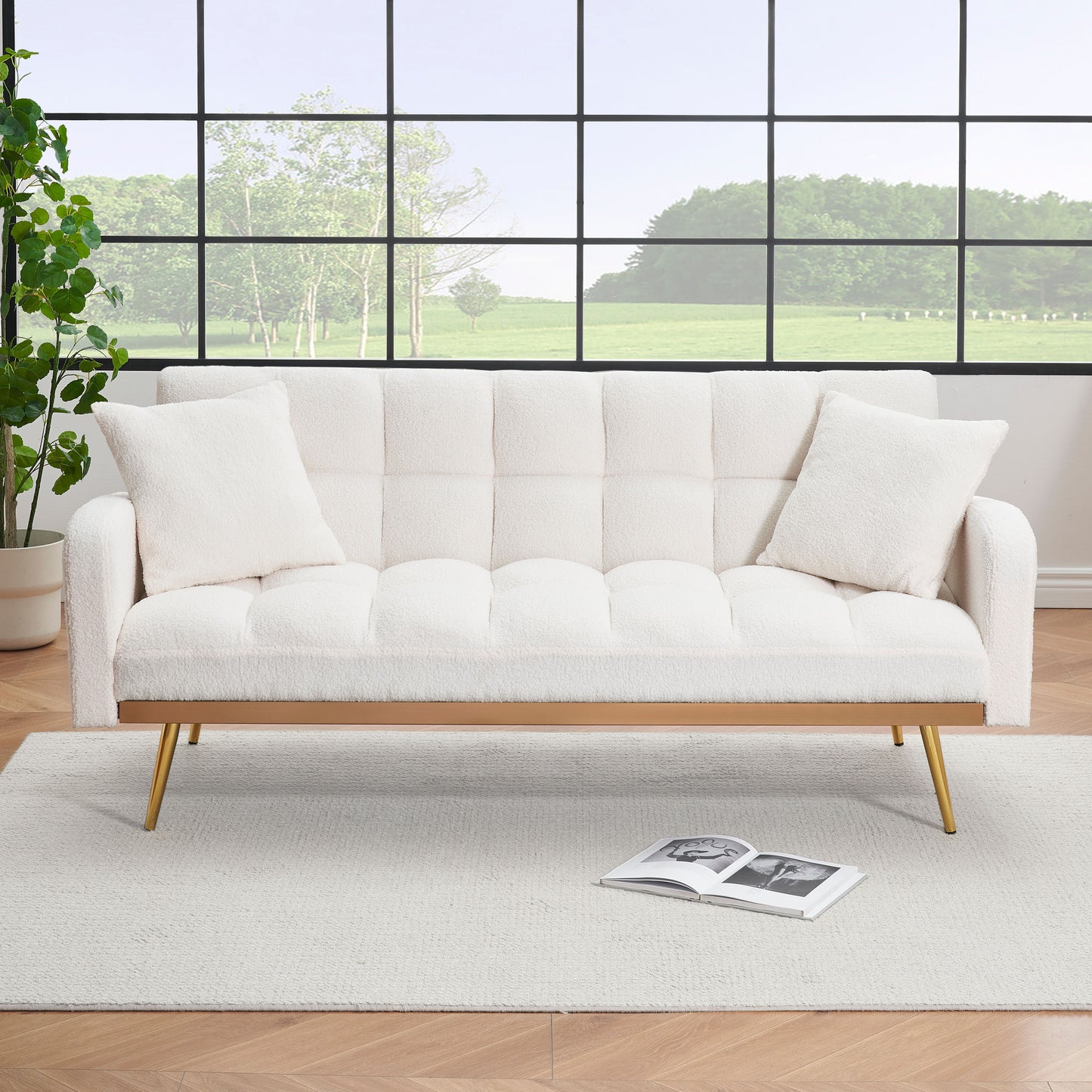 Bianlte Teddy Fleece Futon Sofa Bed Modern Wood Adjustable Reclining Couch with Pillows, Gray/Gold