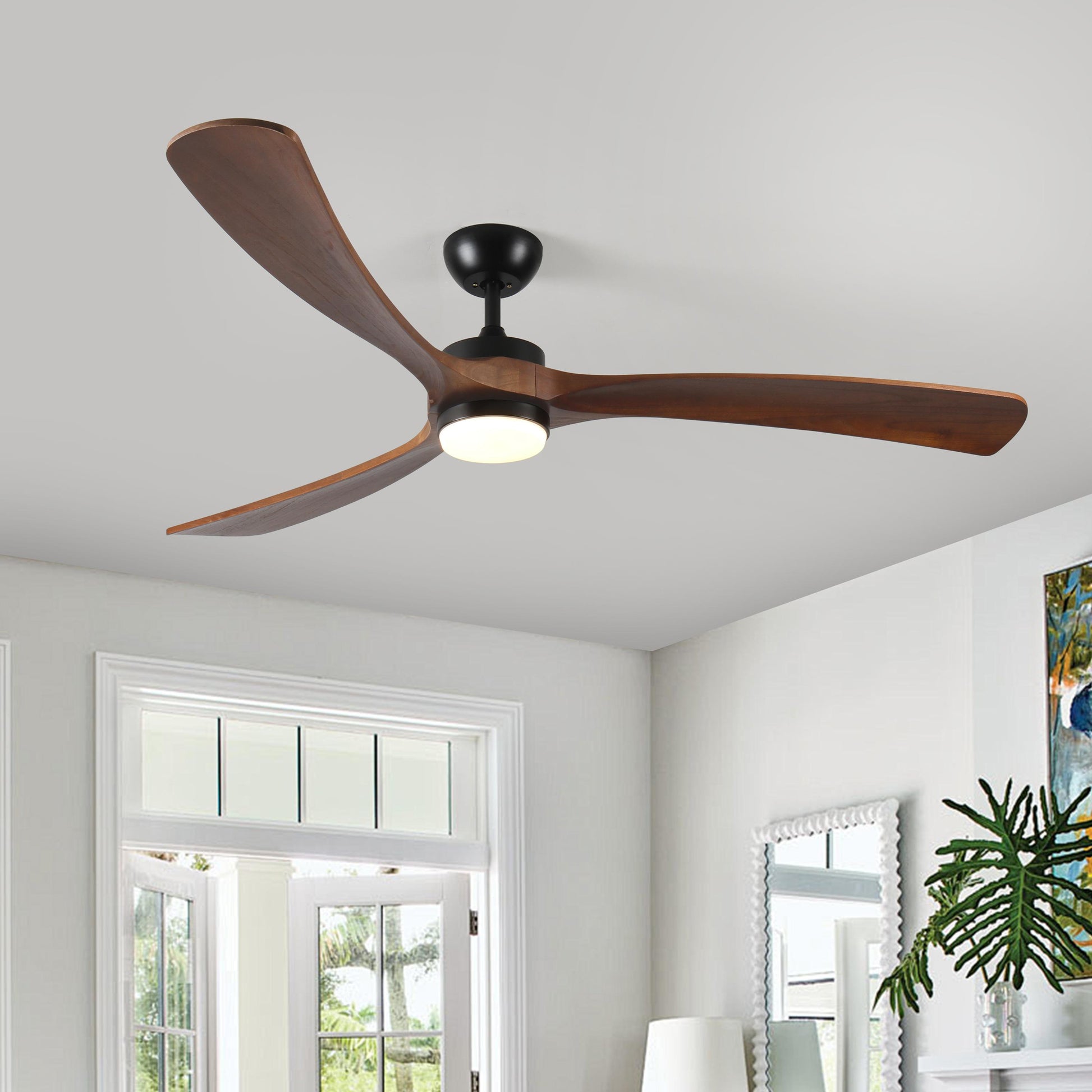 Bayfeve Adjustable Speed 72-in Color-Changing Integrated LED Outdoor Black with Solid Wood Blades Ceiling Fan With Light and Remote ( 3 -Blade )