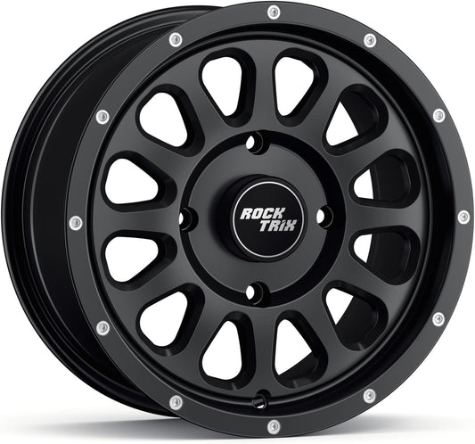 RockTrix RT111 15in Wheel 15x7 4x137, 4+3 Offset, ATV UTV SxS Rim, Compatible with Can Am Commander Max Defender Max Pro Maverick X3 Maverick Trail, 4\/137 Matte Black