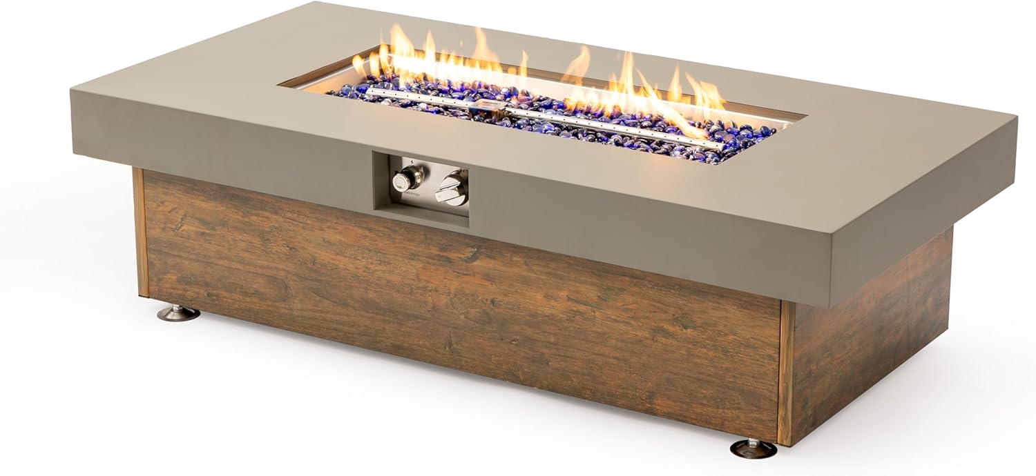 48 inch Iron Propane Table with Wood Grain Top, Stainless Steel Burner Bowl, Adjustable Flame Control, Spacious Design for 5–6 People, Includes Water Resistant Cover Heating Table for Patio, Backyard