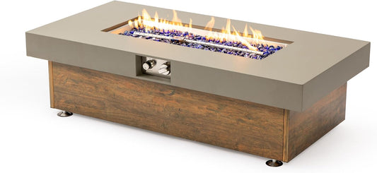 48 inch Iron Propane Table with Wood Grain Top, Stainless Steel Burner Bowl, Adjustable Flame Control, Spacious Design for 5–6 People, Includes Water Resistant Cover Heating Table for Patio, Backyard