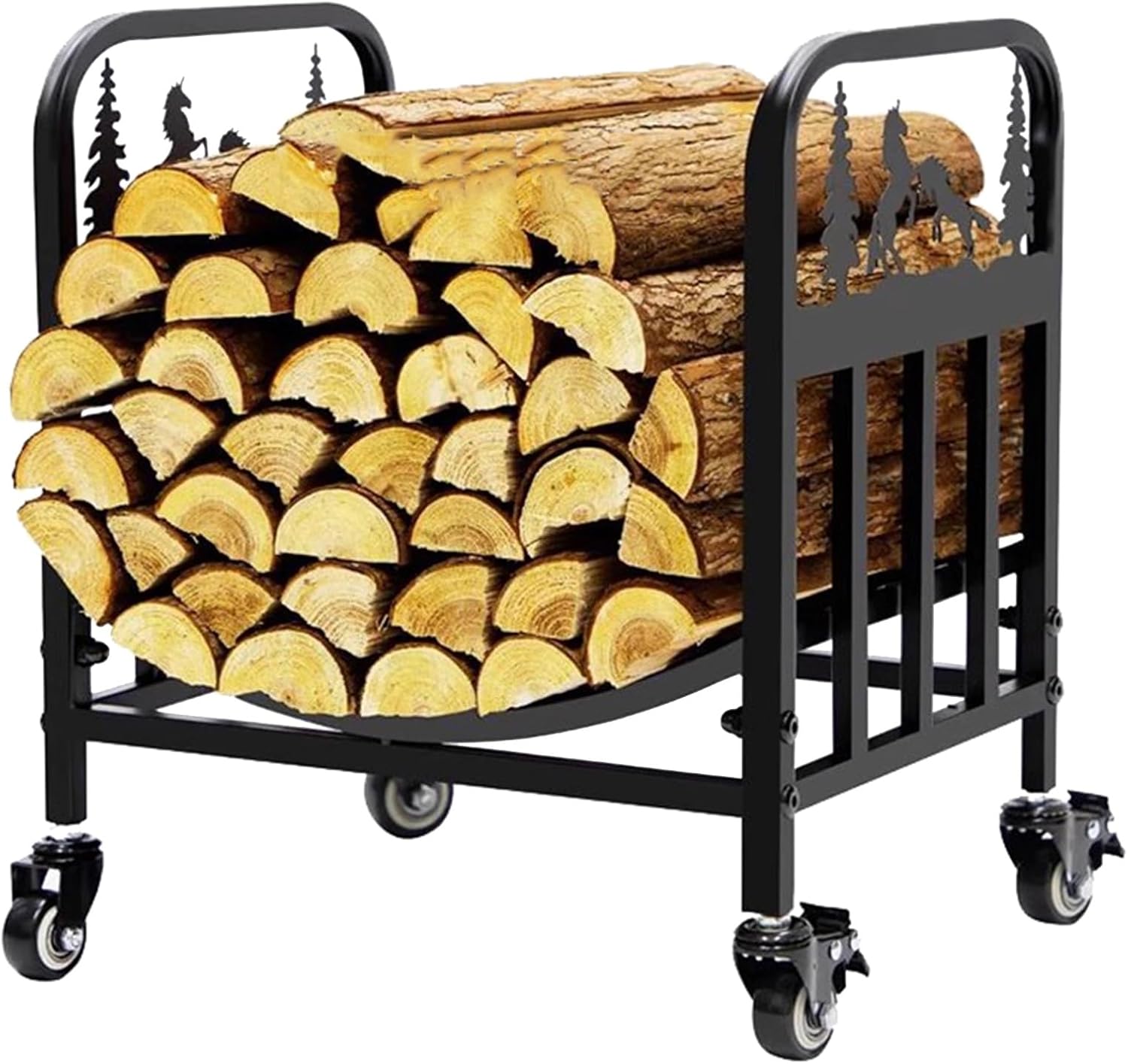 GTPBAO Wrought Iron Firewood Racks on Wheels, 42×32×48cm, Fireside Logs Storage Stand for Patio Firepit/Wood Stove/Hearth