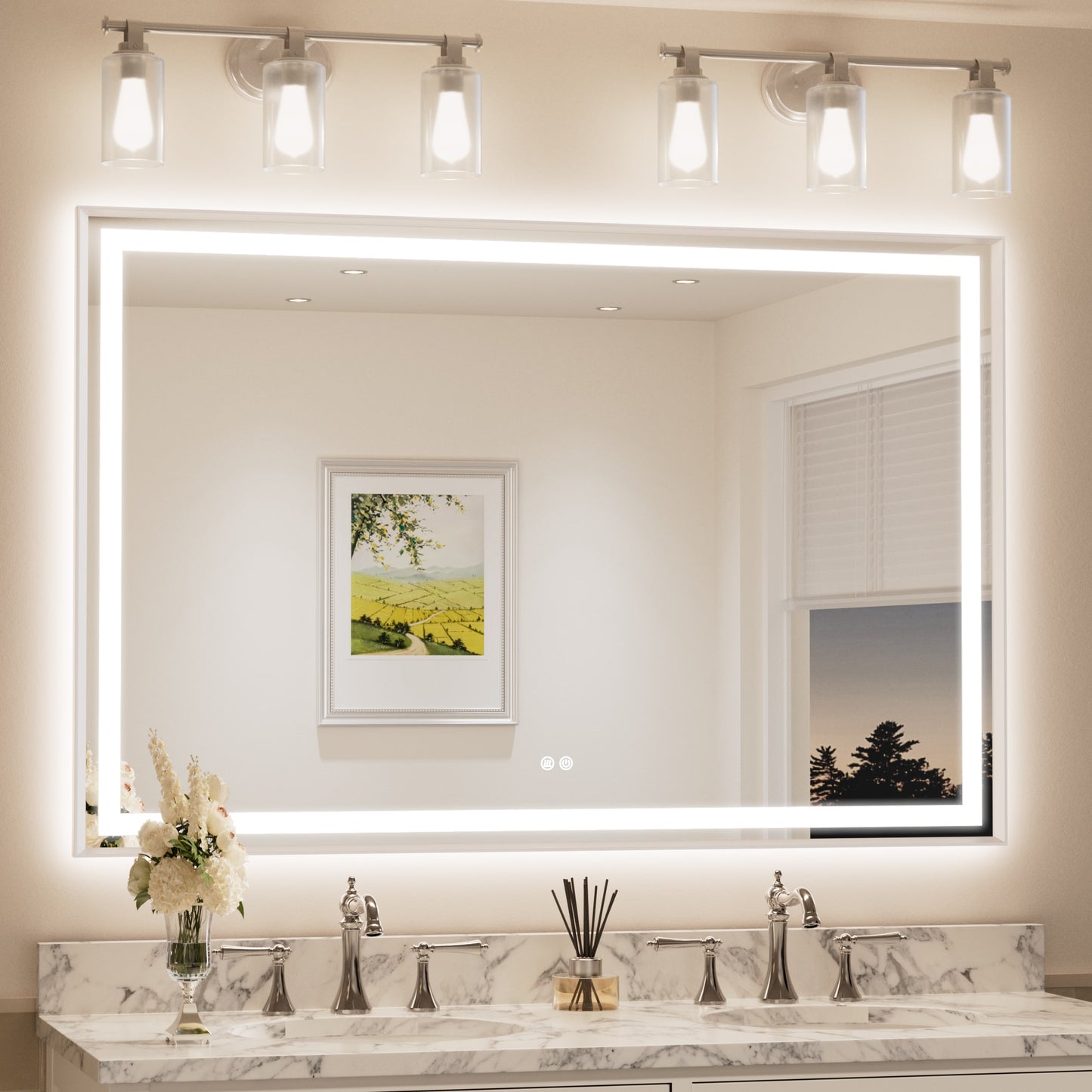 Keonjinn Bathroom LED Mirror With Framed 55-in x 36-in Beveled Rectangle Dimmable LED Lighted Fog Free Bathroom Vanity Mirror ( Brushed Nickel )