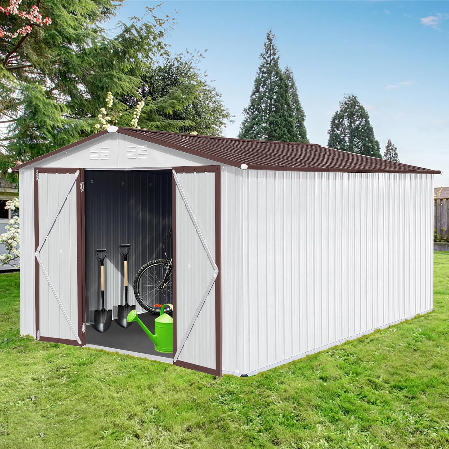 YOPTO 10x12 FT Sheds & Outdoor Storage,Metal Aluminum Garden Shed,with Punched Vents,Waterproof Cabinet w\/Hinged Door and Padlock,Tool House for Storing Bicycles,Lawnmowers,Barbeques,White+Coffee