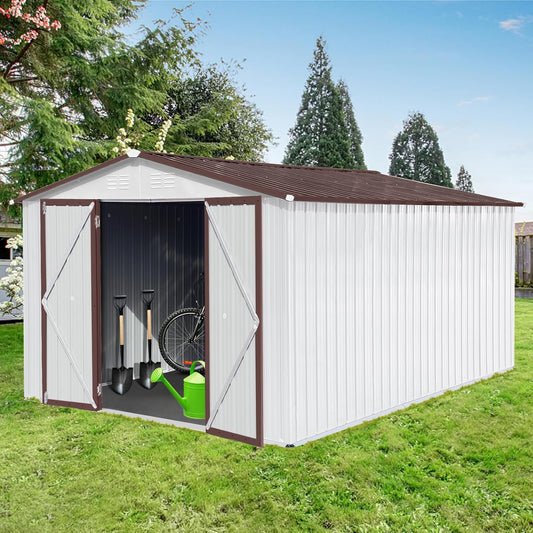 YOPTO 10x12 FT Sheds & Outdoor Storage,Metal Aluminum Garden Shed,with Punched Vents,Waterproof Cabinet w\/Hinged Door and Padlock,Tool House for Storing Bicycles,Lawnmowers,Barbeques,White+Coffee