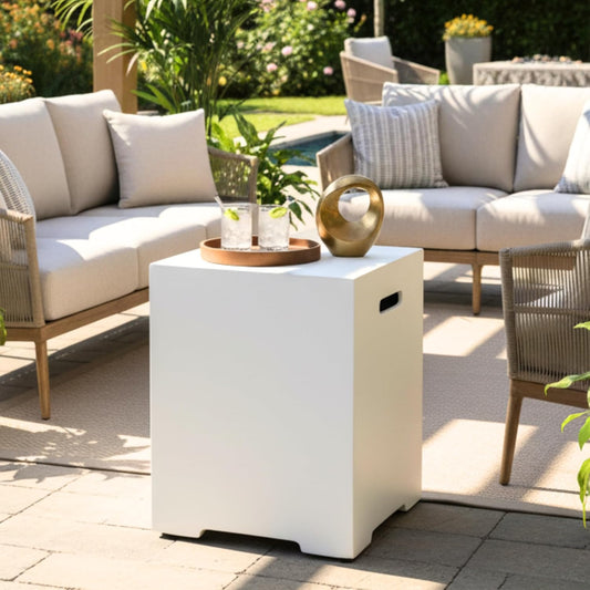 QUGURLID Propane Tank Cover 16 Inch, 20 LB Outdoor Tank Storage Hideaway Table for Gas Fire Pits, Concrete Tank Holder (Ancient White)