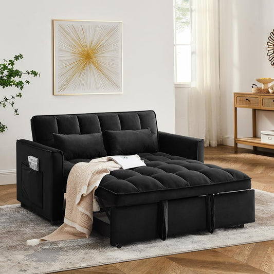AENKYO 3-in-1 Pull Out Sleeper Sofa Bed Loveseat with Adjustable Backrest & Armrests - Foldable Futon Couch, for Apartments/Dorms/Living Room, Black