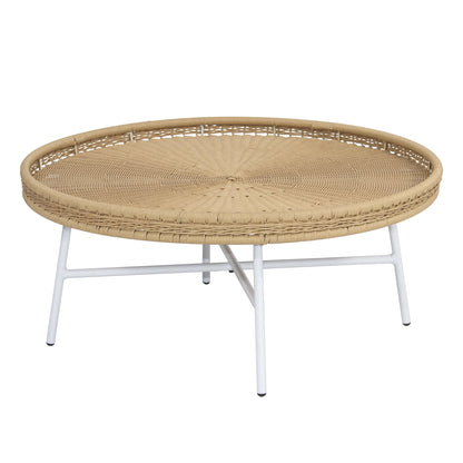 Abble 30” Wicker Indoor Outdoor Coffee Table with Metal Legs Round Patio  Side Table for Living Room, Patio, Garden, Backyard, Porch, Natural