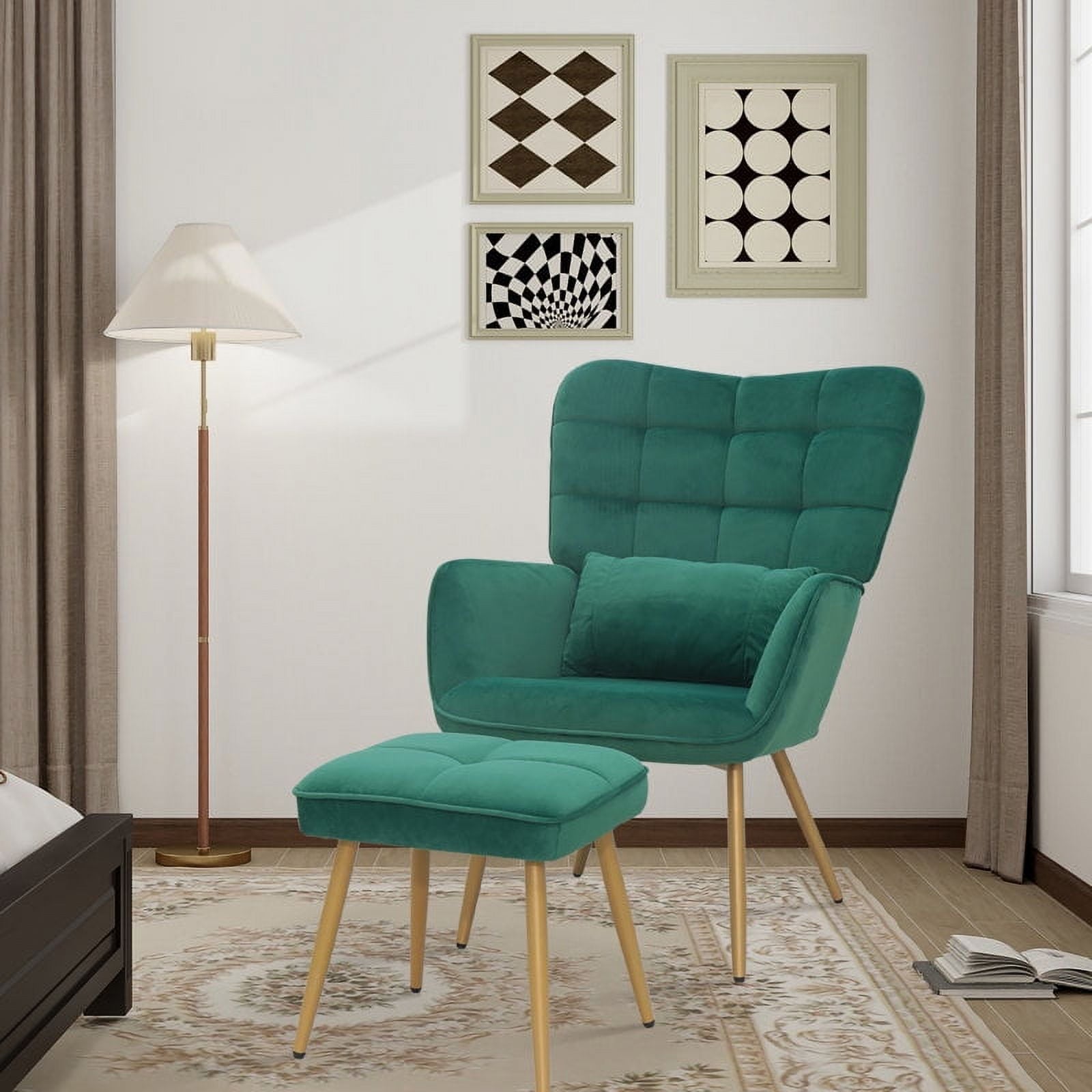 Abble Velvet Accent Arm Chair with Ottoman and Toss Pillow for Living Room, Bed Room, Green