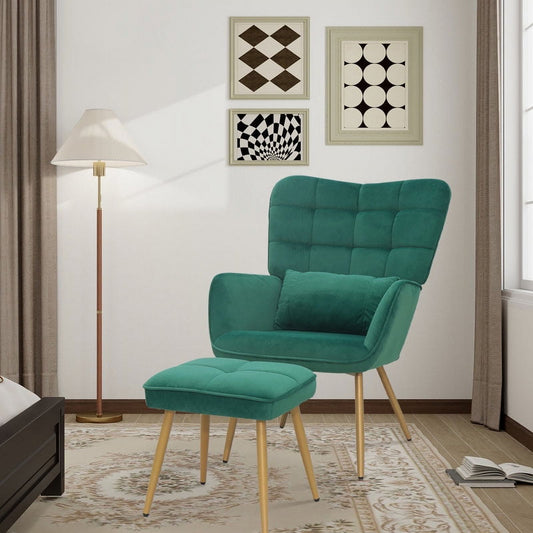 Abble Velvet Accent Arm Chair with Ottoman and Toss Pillow for Living Room, Bed Room, Green