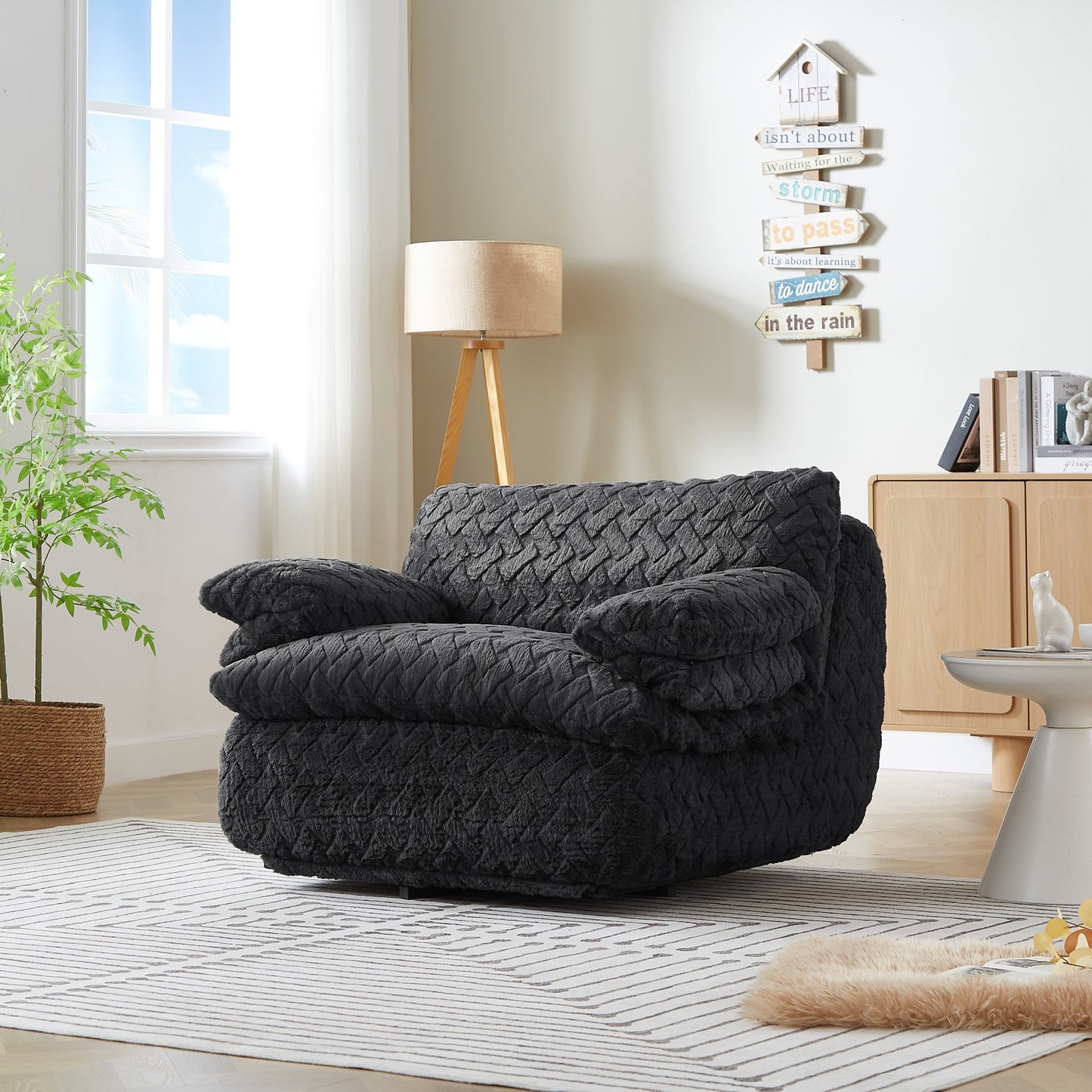 Aukfa Full Compression Swivel Sofa Chair – Corduroy Modular Sectional Sofa with Cloud Cushions, Deep Seat & Bolster Armrests for Living Room, Black