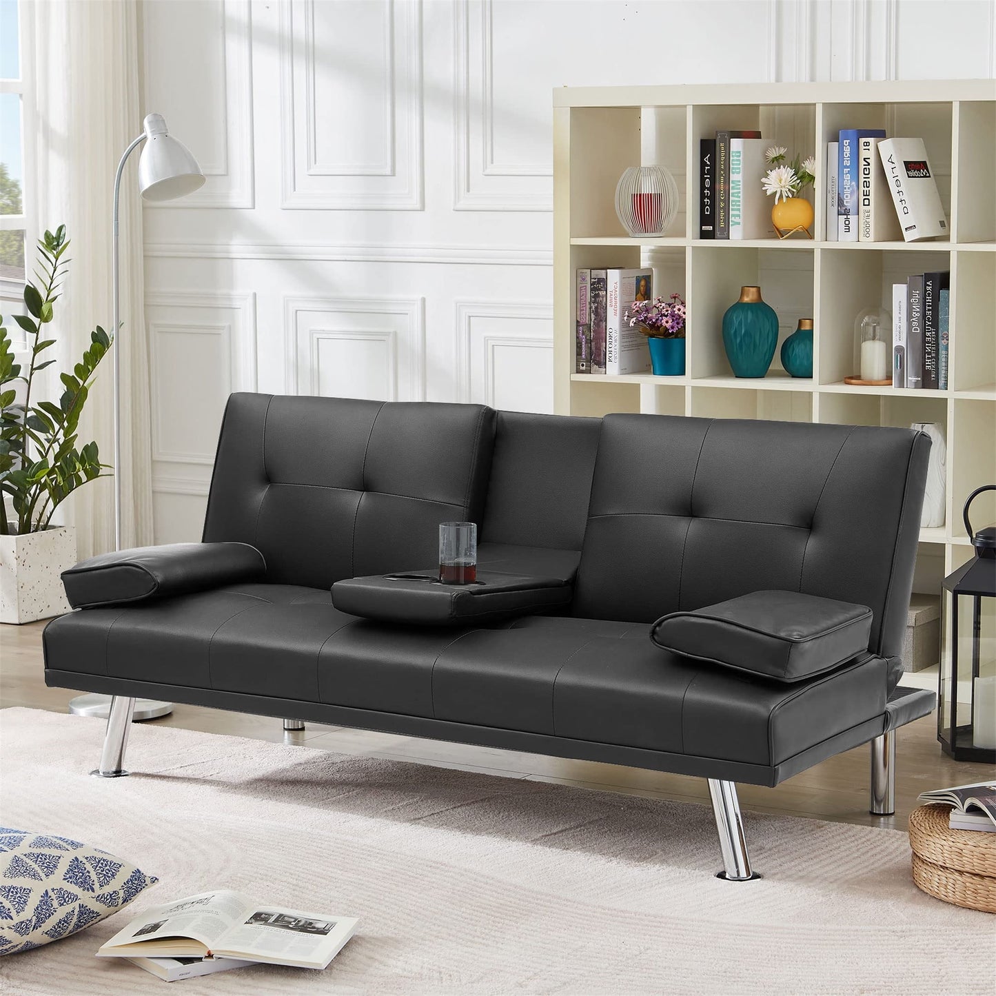 Aukfa Leather Futon Convertible Sofa Bed for Home Office, 2 Cup Holders, Tufted Back, Black