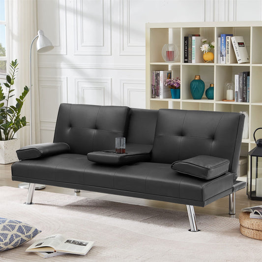 Aukfa Leather Futon Convertible Sofa Bed for Home Office, 2 Cup Holders, Tufted Back, Black