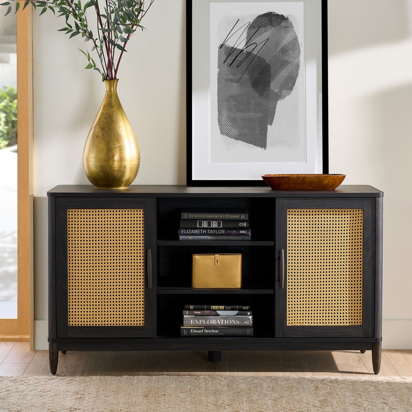 Better Homes & Gardens Springwood Cane TV Stand for TV's up to 65", Light Honey Finish