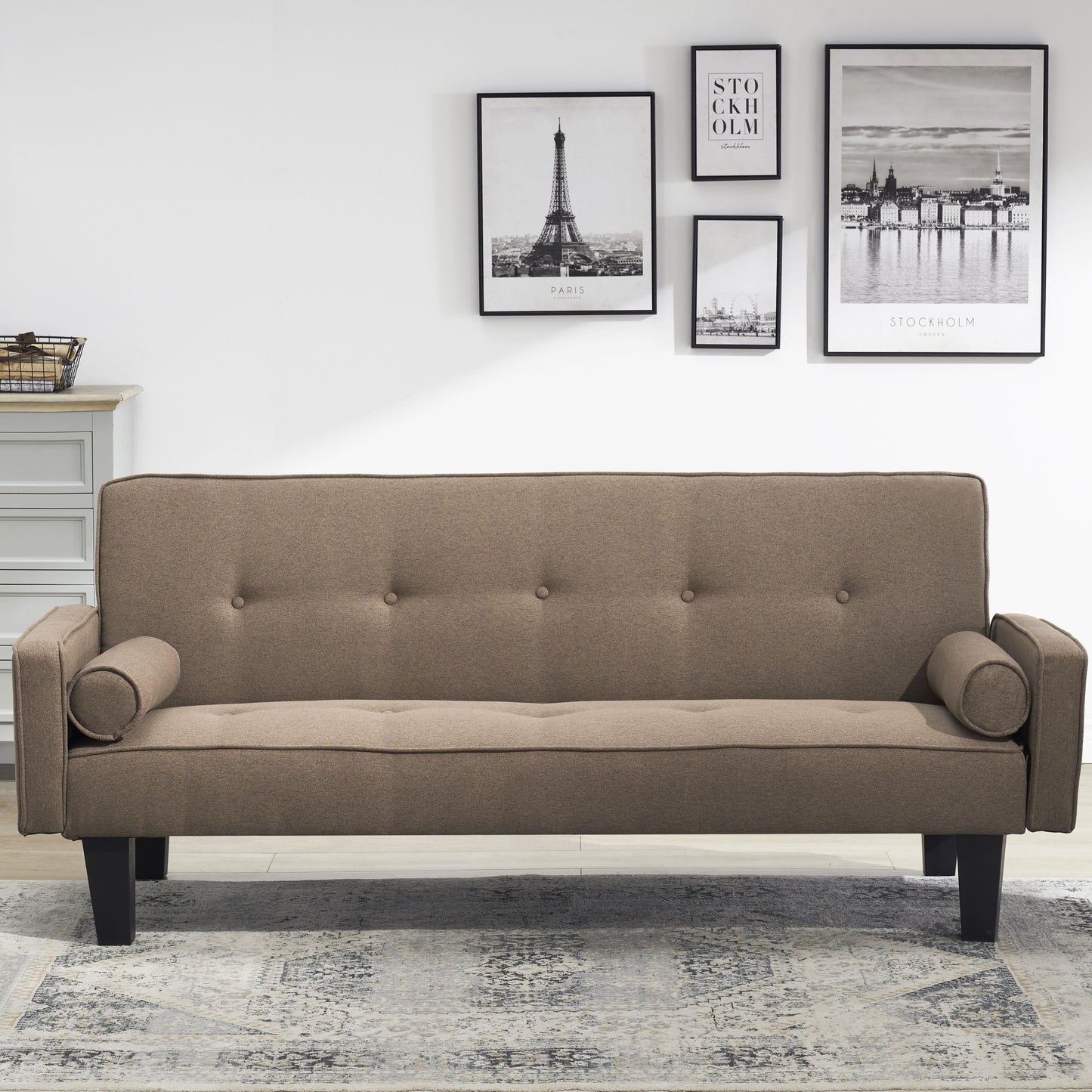 72" Futon Sofa Bed,Upholstered Folding Futon Fabric Couch,Recliner Twin Size Futon Bed Removable Armrests,Modern Sofa for Compact Living Space,Apartment,Gray