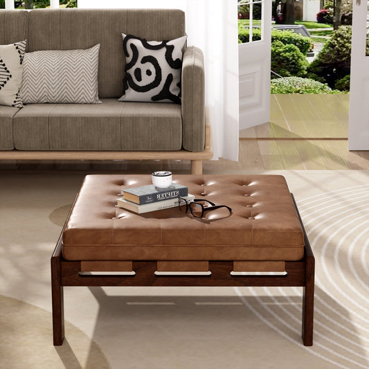 Christopher Knight Home Classic 34'' PU Leather Ottoman, Button-Tufted Cocktail Ottoman with Solid Wood Frame, Multi-Functional Footstool & Coffee Table, Brown