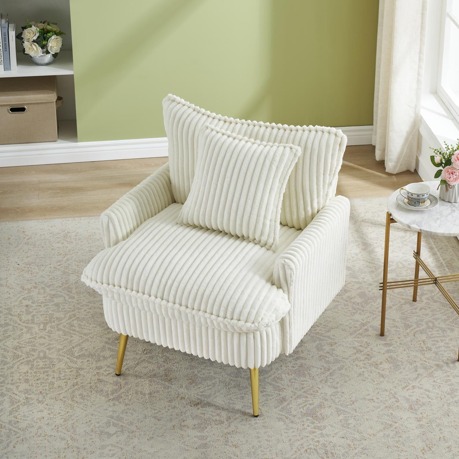 Corduroy Accent Chair with Throw Pillow,Single Armchair with Gold Metal Legs,Ergonomic Backrest and Armrests for Living Room Bedroom Office Apartment,White