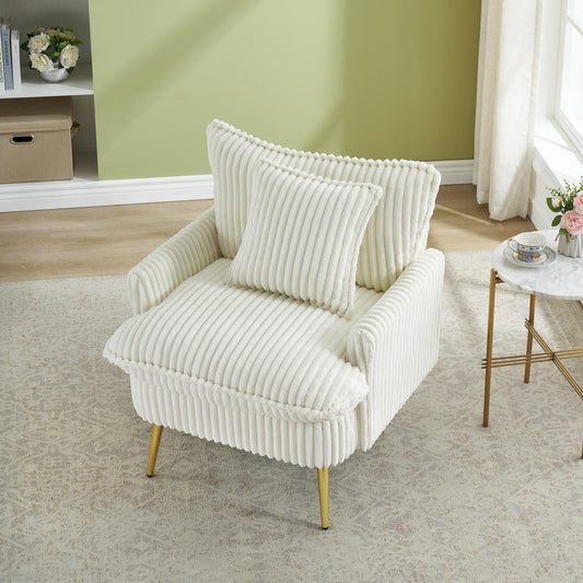 Corduroy Accent Chair with Throw Pillow,Single Armchair with Gold Metal Legs,Ergonomic Backrest and Armrests for Living Room Bedroom Office Apartment,White