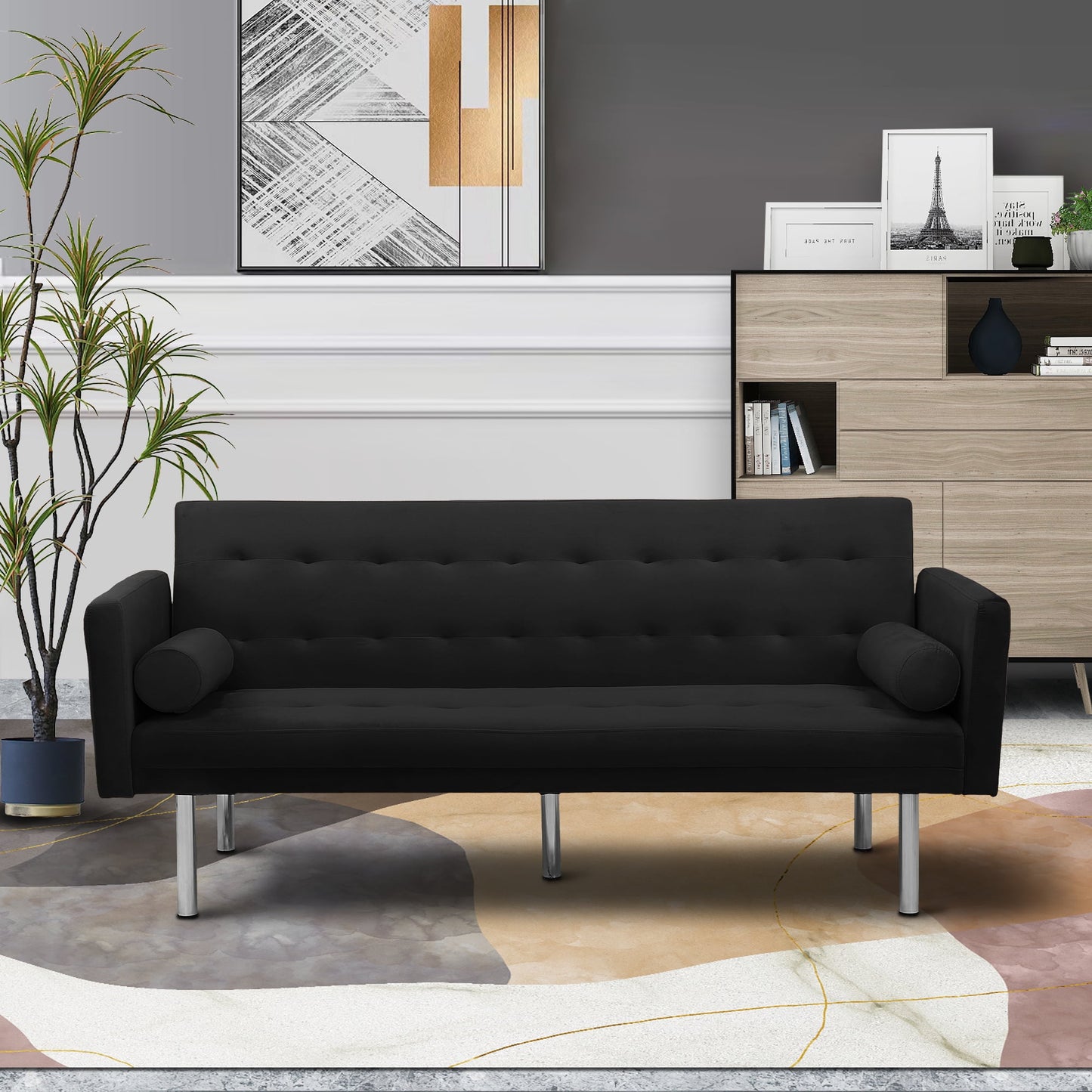 DEALTOPS Velvet Futon Sofa Bed Upholstered Convertible Sofa Couch, Recliner Modern Tufted Back Couch Lounge for&nbsp;Living Room - Gray
