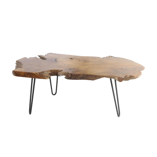 DecMode 43" x 17" Brown Teak Wood Handmade Live Edge Coffee Table with Black Metal Hairpin Legs, 1-Piece