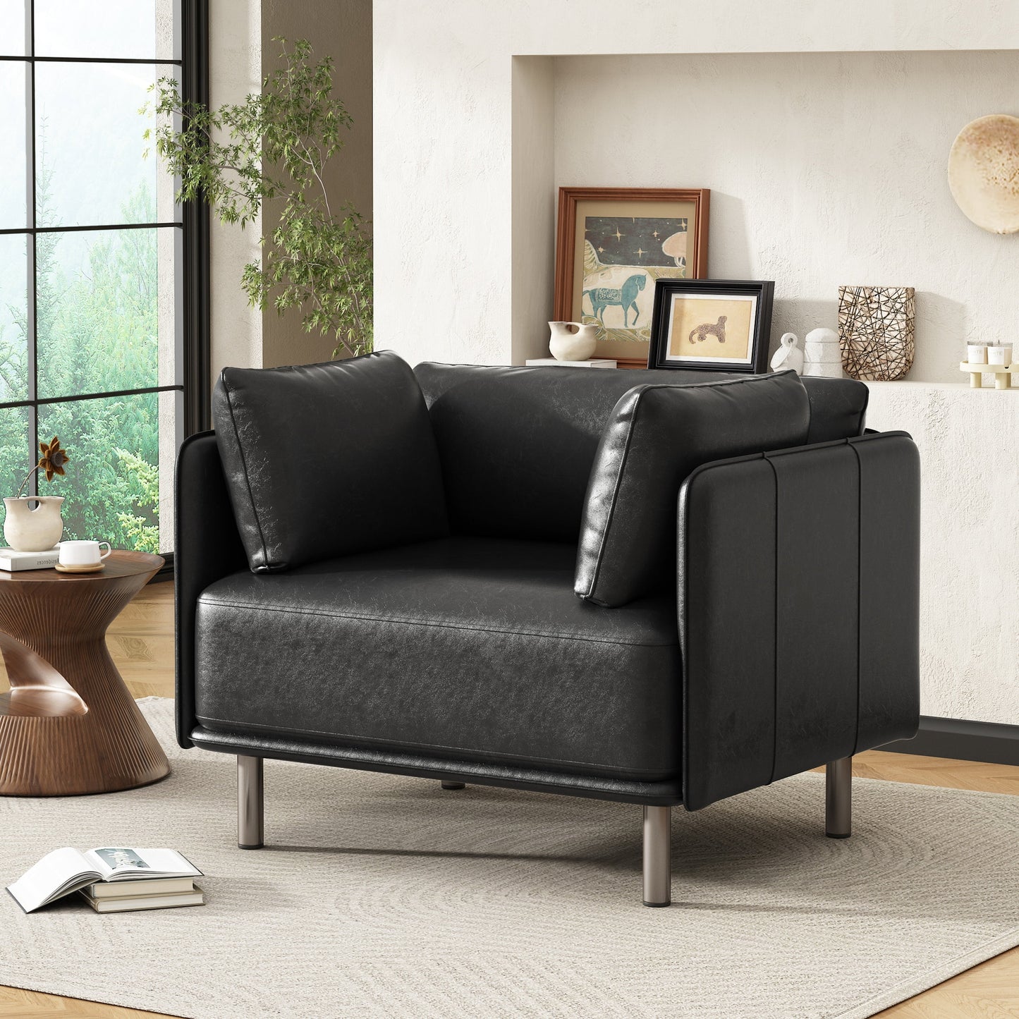 Lunale 39" Faux Leather Accent Armchair, Vintage Upholstered Single Sofa Chair for Living Room, Office, Dark Gray