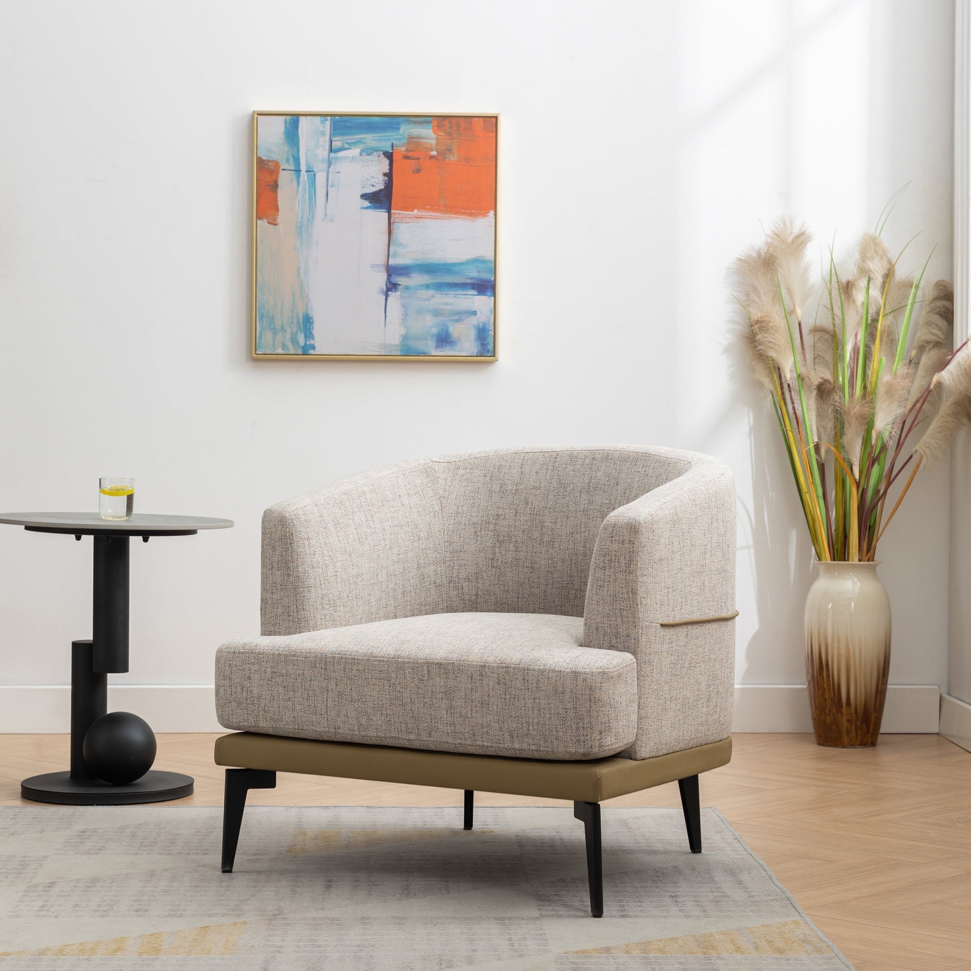 Euroco Modern Oversized Round Armchair, Linen & PU Leather, Two-tone with Metal Legs, Mustard Green